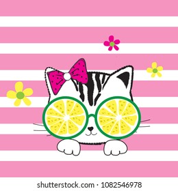 cute cat with lemon sunglasses vector illustration, T-shirt graphics for kids