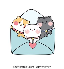 Cute cat in letter cartoon hand drawn.Paper mail.Animal character design.Image for card,poster,sticker,baby tshirt.Isolated.Kawaii.Vector.Illustration.