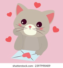 Cute cat with letter and red heart on pink background. Valentine