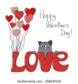 Cute cat and lettering - Love. Valentines card template. Romantic background. 