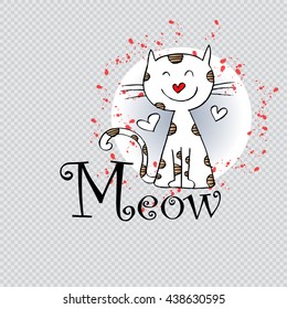 Cute cat with lettering - meow. Hand drawing illustration.