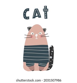Cute cat with lettering in simple cartoon hand-drawn style. Ideal for cards, invitations, party, kindergarten, preschool and children