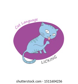 Cute cat licking a paw. Behavior and body language of domestic animal or pet. Funny scene in hand drawn style. Cartoon character. Colorful vector illustration on white background  