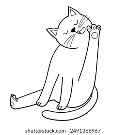 Cute cat licking its paw in black and white. Funny feline character isolated element in outline. Great for coloring page, prints and cards. Vector illustration