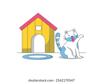 Cute cat licking paw in front of his house. Special for animals. Character design. Vector flat illustration