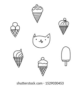 cute cat licks his lips and looks around at the ice cream. contour illustration.