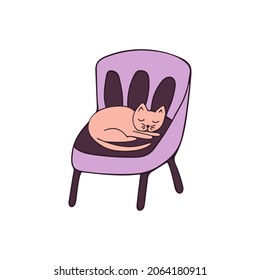 Cute cat lies curled up on an armchair and sleeps. Colorful hand drawn isolated illustration vector. Cozy home