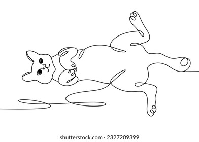 A cute cat lies on its back with its paws up. Home pet. International Cat Day. One line drawing for different uses. Vector illustration.