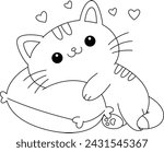 Cute cat lies on a pillow coloring page. Cat coloring book for kids 