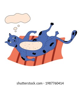 Cute cat lies on a pillow striped. Vector illustration cartoon line art style isolated 