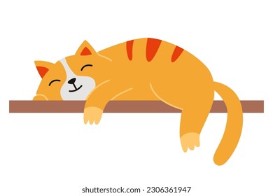 The cute cat lies on the shelf, cartoon style. Trendy modern vector illustration isolated on white background, hand drawn, flat design.