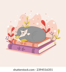 A cute cat lies on a stack of books. Book Day. Cute vector illustration.