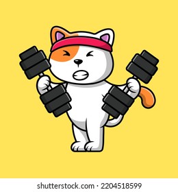 Cute Cat Lifting Barbell Cartoon Vector Icon Illustration. Flat Cartoon Concept.

