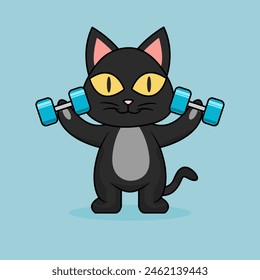 Cute Cat Lifting Barbell. Funny cartoon Cats. Illustration Animal Sport Isolated Flat Vector.