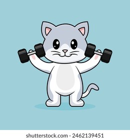 Cute Cat Lifting Barbell. Funny cartoon Cats. Illustration Animal Sport Isolated Flat Vector.