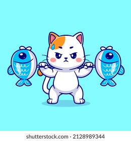 Cute Cat Lifting Fish Barbell Cartoon Vector Icon Illustration. Animal Sport Icon Concept Isolated Premium Vector. Flat Cartoon Style