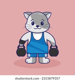 cute cat, lifting kettlebells, workout activity.