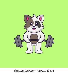 Cute cat lifts the barbell. Animal cartoon concept isolated. Can used for t-shirt, greeting card, invitation card or mascot.