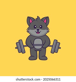 Cute cat lifts the barbell. Animal cartoon concept isolated. Can used for t-shirt, greeting card, invitation card or mascot.