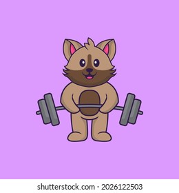 Cute cat lifts the barbell. Animal cartoon concept isolated. Can used for t-shirt, greeting card, invitation card or mascot.