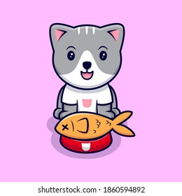 Cute Cat Like to Eat Fish Cartoon Vector Icon Illustration. Flat Cartoon Style