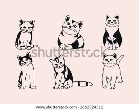 Cute Cat Line Art Vector Collection. Black and White Kitty Illustration Set for Pet Logo, T-Shirt, and Sticker Design