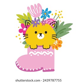 Cute cat line hand drawn style stay in boots with flower.Spring.Floral.Nature.Pet animal character cartoon design.Meow.Kitten.Baby graphic.Kawaii.Vector.Illustration.