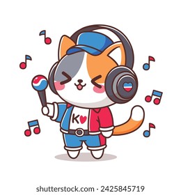 Lindo gato escuchando música pop con auriculares kawaii ilustración de dibujos animados