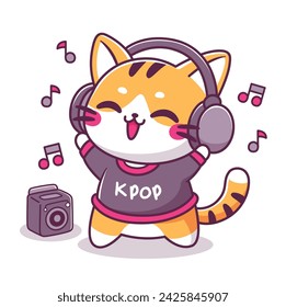 Cute cat listening kpop music with headphones kawaii cartoon illustration