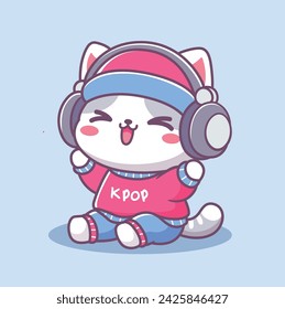 Cute cat listening kpop music with headphones kawaii cartoon illustration