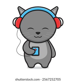 Cute cat listening music character cartoon icon illustration. Design isolated flat cartoon style