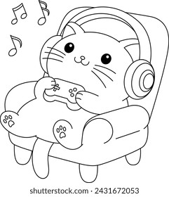 Cute cat is listening music coloring page. Kawaii kitten illustration coloring book 