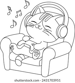 Cute cat is listening music coloring page. Kawaii kitten illustration coloring book 
