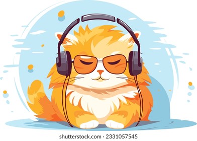 cute cat listening songs with headphones and wearing cooling glasses illustration
