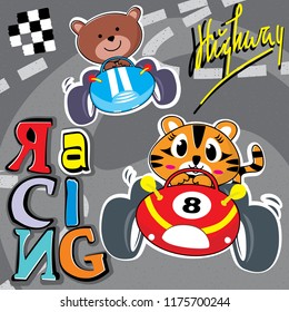 Cute cat and little bear cartoon driving a vintage race car isolated on road background illustration vector