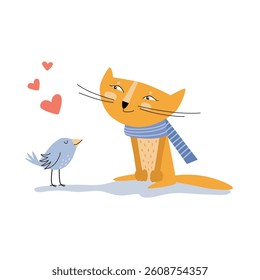 Cute cat and little bird are friends. Funny orange kitty communicate with small chick. Idea for cards, print for kid. Happy cartoon character, hand drawn vector illustration, isolated. Flat design
