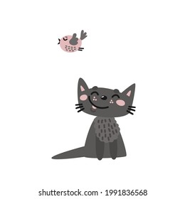 Cute cat and little bird. Funny cartoon animals. Sweet kitten is sitting and watching bird. Hand drawn doodle vector illustration isolated on white background