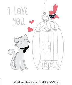 cute cat and little bird vector design. 