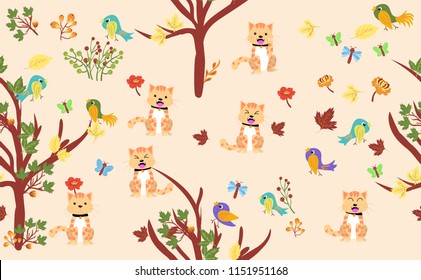 Cute Cat with Little birds with flower and leaves.Hello autumn concept.Cute animals Seamless pattern.for fabric,print,banner,background.vector illustration.