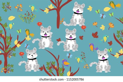 Cute Cat with Little birds with flower and leaves.Hello autumn concept.Cute animals Seamless pattern.for fabric,print,banner,background.vector illustration.