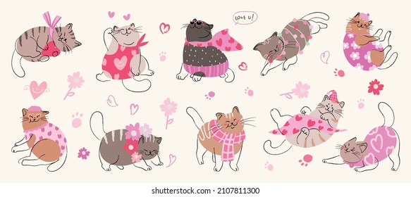 Un gato lindo con poco corazón para el día de San Valentín. Ilustración vectorial.