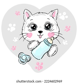 Cute cat. Little kitten drinking milk from bottle and pacifier on grey heart spot . Illustration for baby, newborn or kids prints on t-shirts