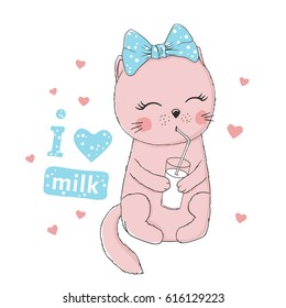 Cute cat. Little kitten drinking milk. Illustration for prints on t-shirts and other uses