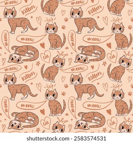 Cute cat, little kitten seamless pattern. Vector cartoon illustration. Favorite ginger character.