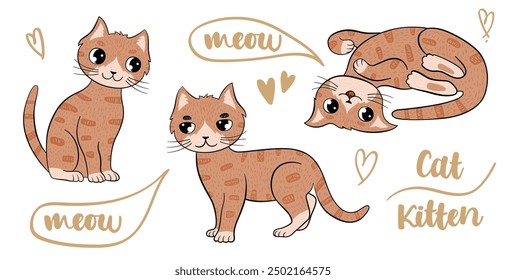 Cute cat, little kitten. Vector cartoon illustration. Favorite ginger character.