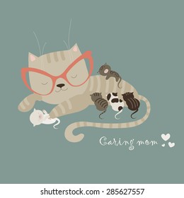 Cute cat with little kittens. Vector illustration