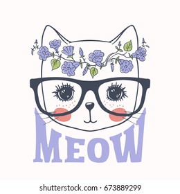 Cute cat. Little kitty with glasses, wreath