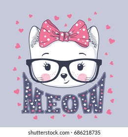 Cute cat. Little kitty with glasses, bow. Meow slogan