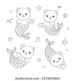 Cute cat little mermaid cartoon hand drawn diving under the sea coloring page