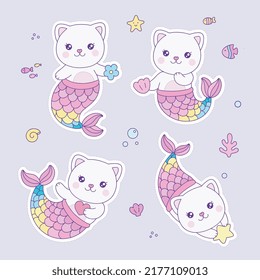 Cute cat little mermaid cartoon diving under the sea